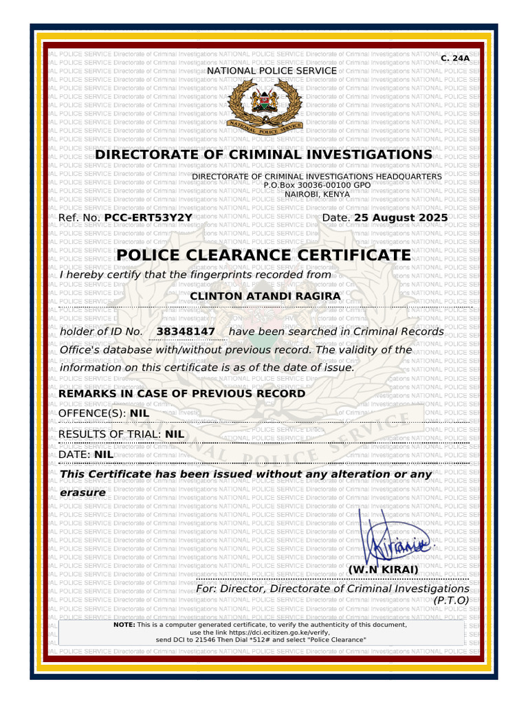 Pcc-ert53y2y-Police Clearance Certificate Wk | PDF