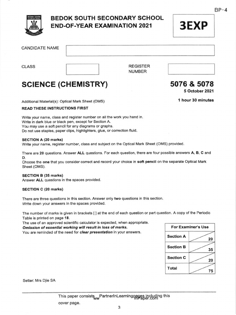 2021 Sec 3 Science Chemistry EOY Bedok South Secondary With Answer ...