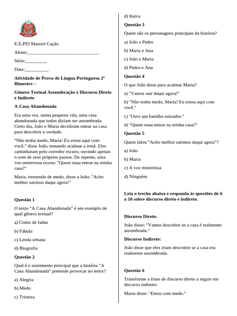 Prova 2 Bimestre. Portugues | PDF