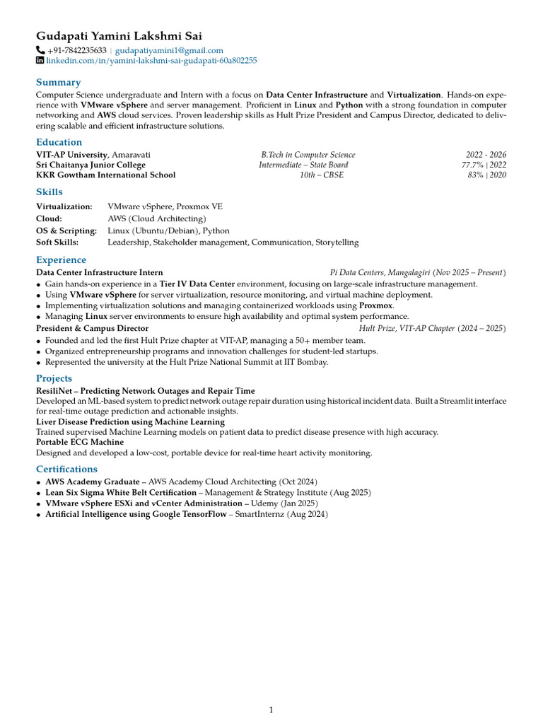 Resume Yamini | PDF | Virtualization | Cloud Computing