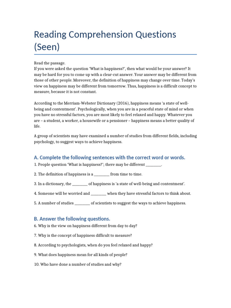Reading Comprehension Questions | PDF