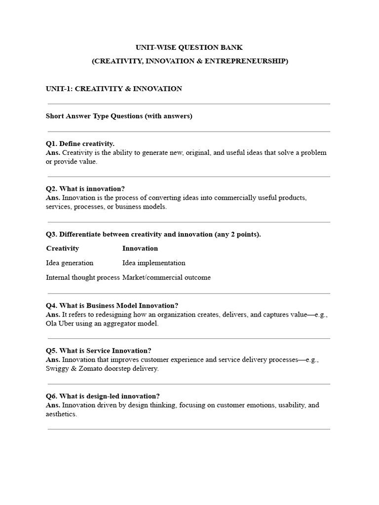 Creativity - Innovation - Entrepreneurship - Unit Wise Questions ...