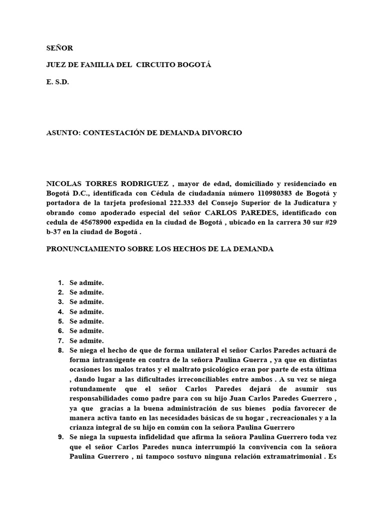 Contestacion Demanda | PDF | Propiedad de la comunidad | Divorcio