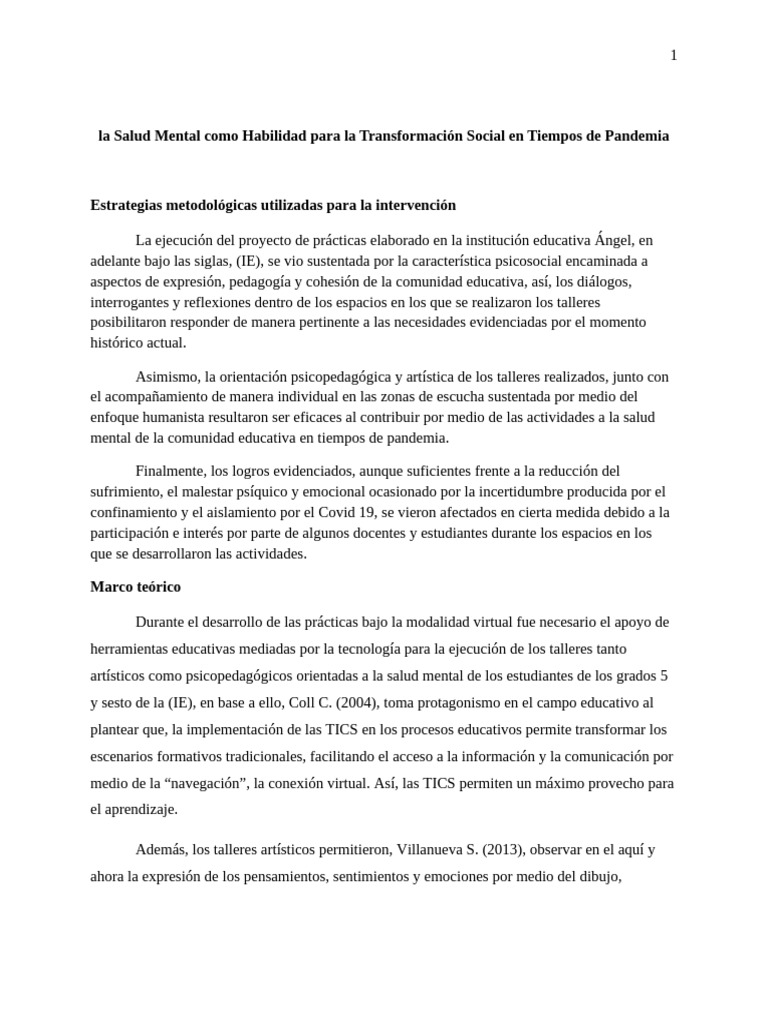 La Salud Mental Como Habilidad Para La Transformación Social en Tiempos ...