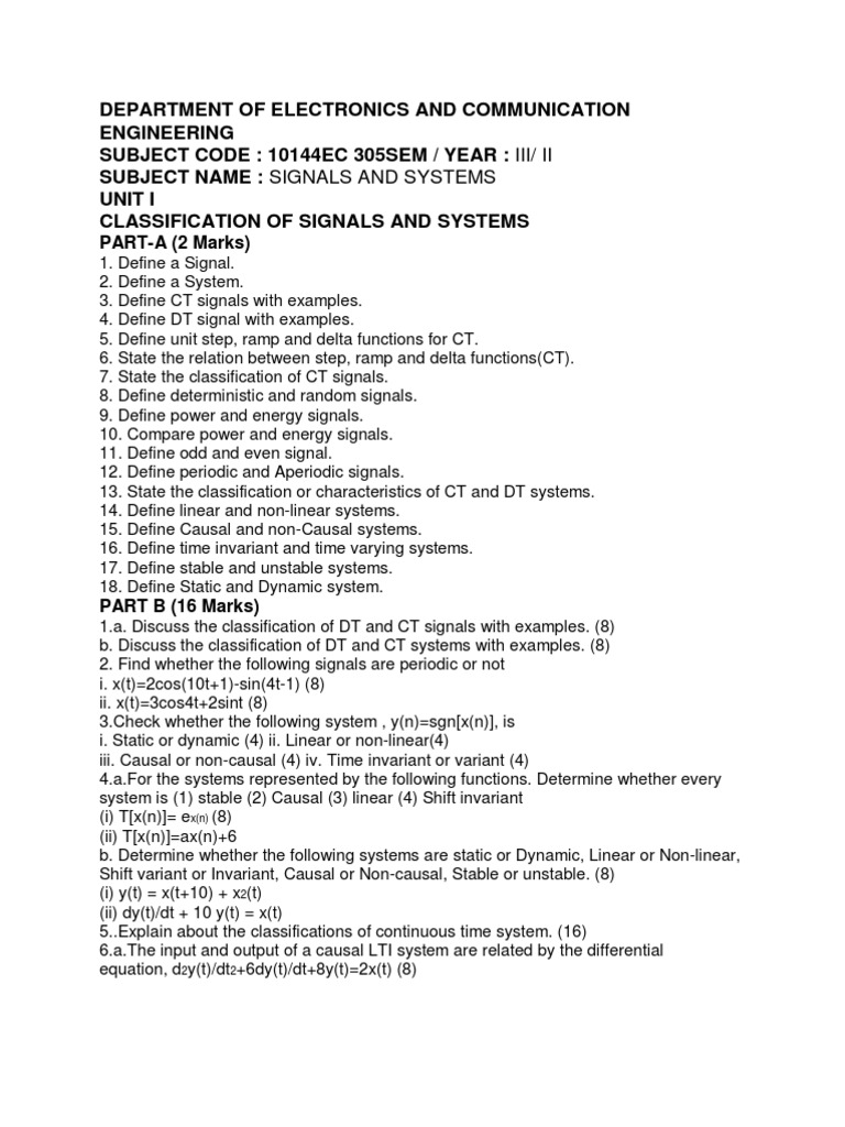 Signals and Systems Question Bank Download Free PDF Fourier