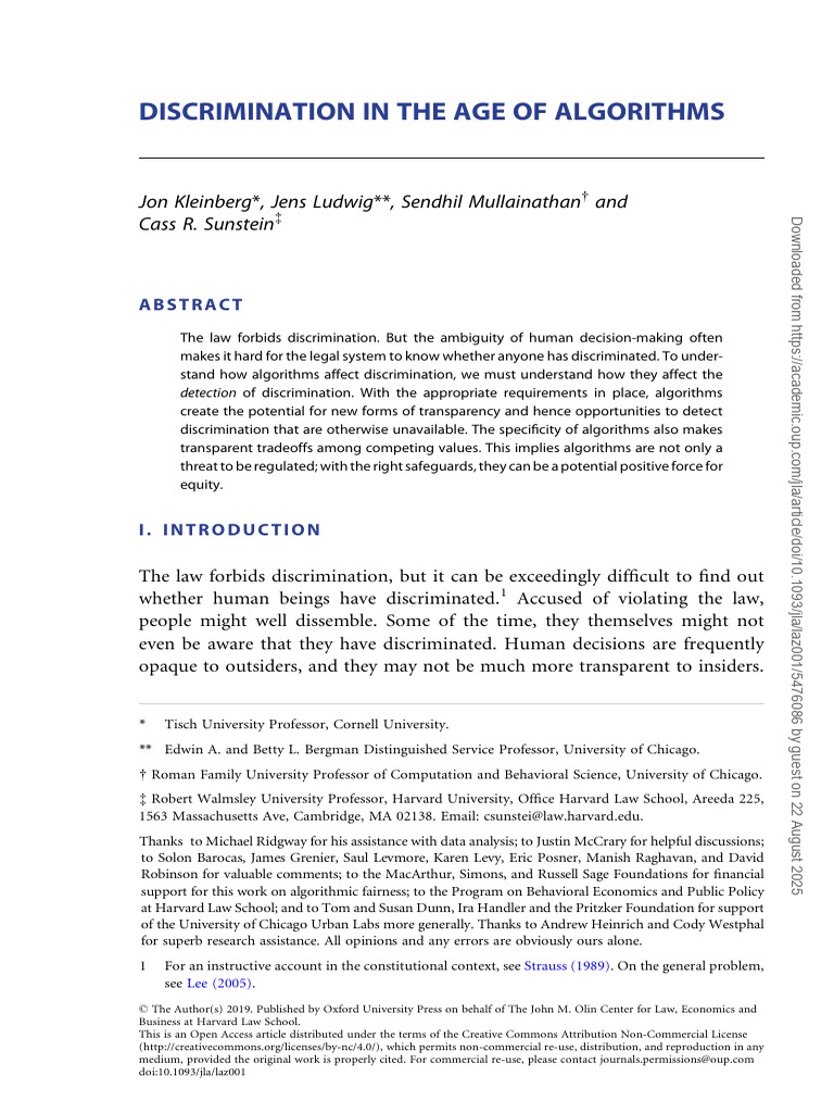 Kleinberg, John Et Al. Discrimination in the Age of Algorithms | PDF ...