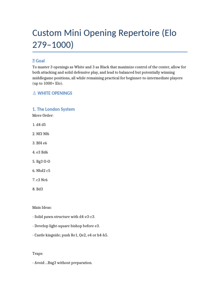 Chess Opening Repertoire Elo 279 to 1000 | PDF | Chess Openings | Chess ...