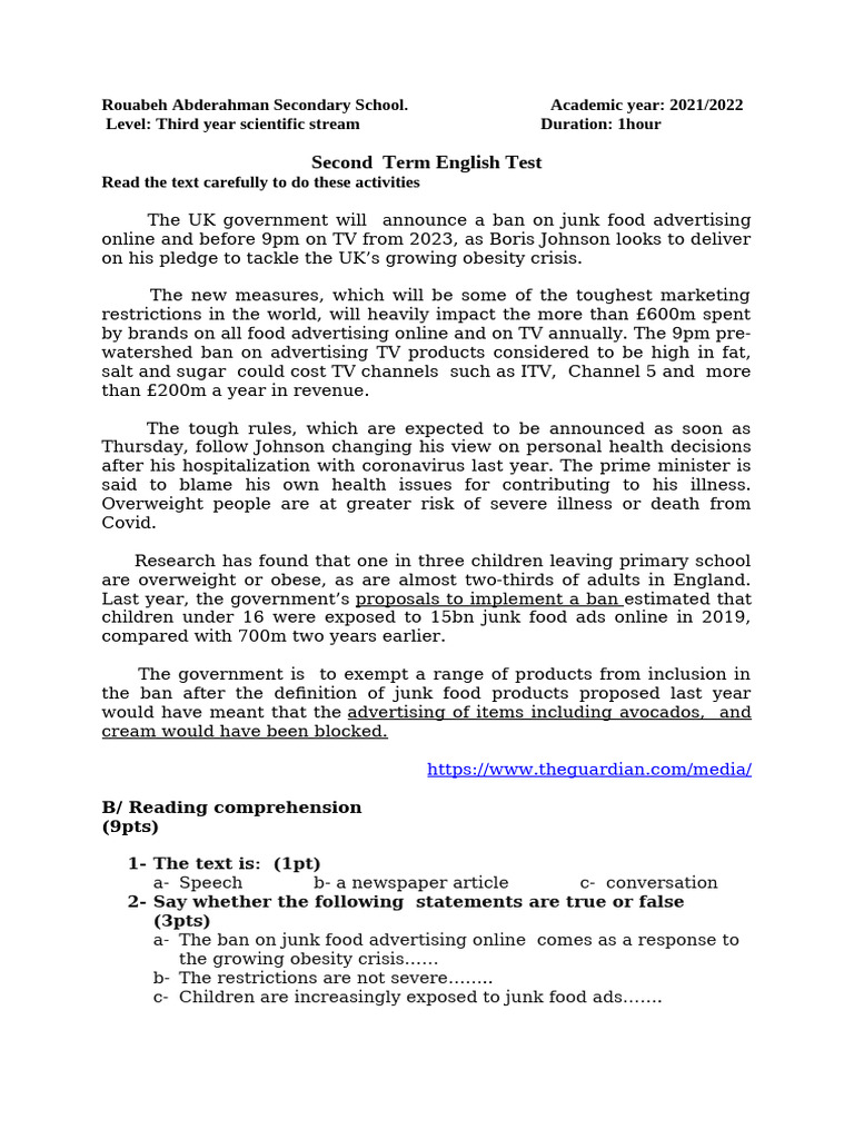 Third Year Scientific Stream Test.docx · Version 1 | PDF | Obesity ...