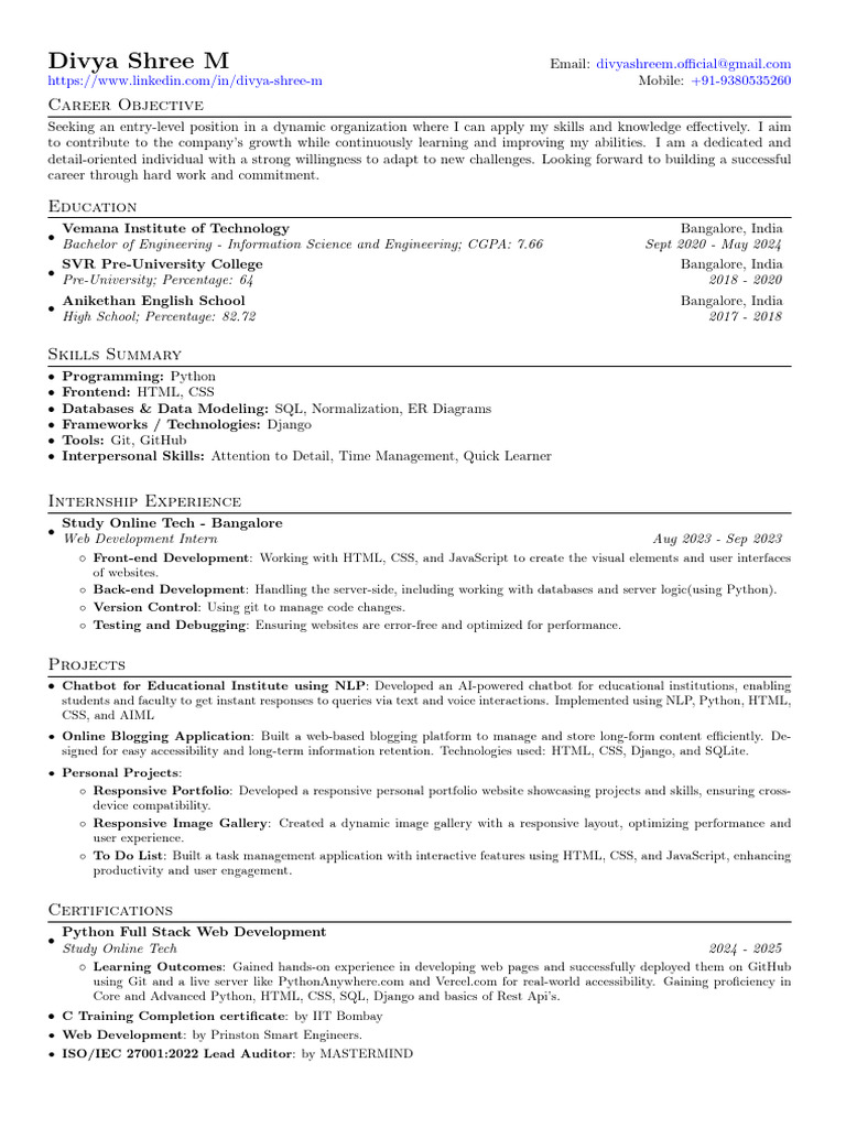 Divya Shree M Resume | PDF | Web Development | Systems Architecture
