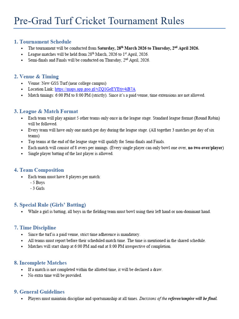 Pre Grad Turf Cricket Tournament Rules | PDF