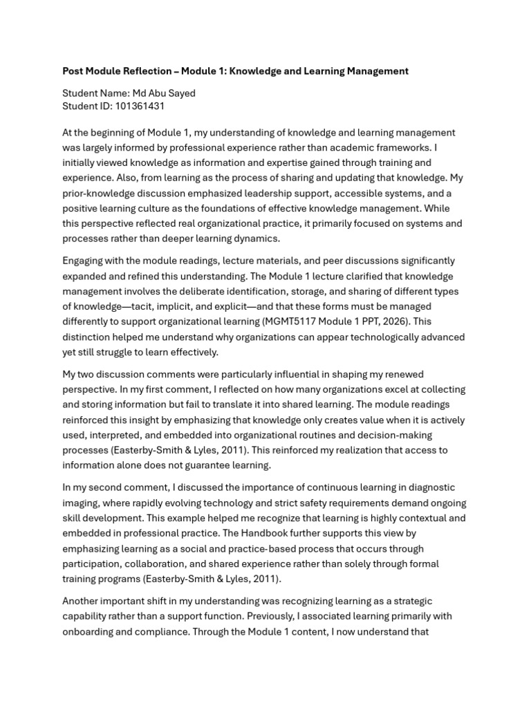 MGMT 5117 Module 1 Reflection – Knowledge & Learning Management | PDF ...