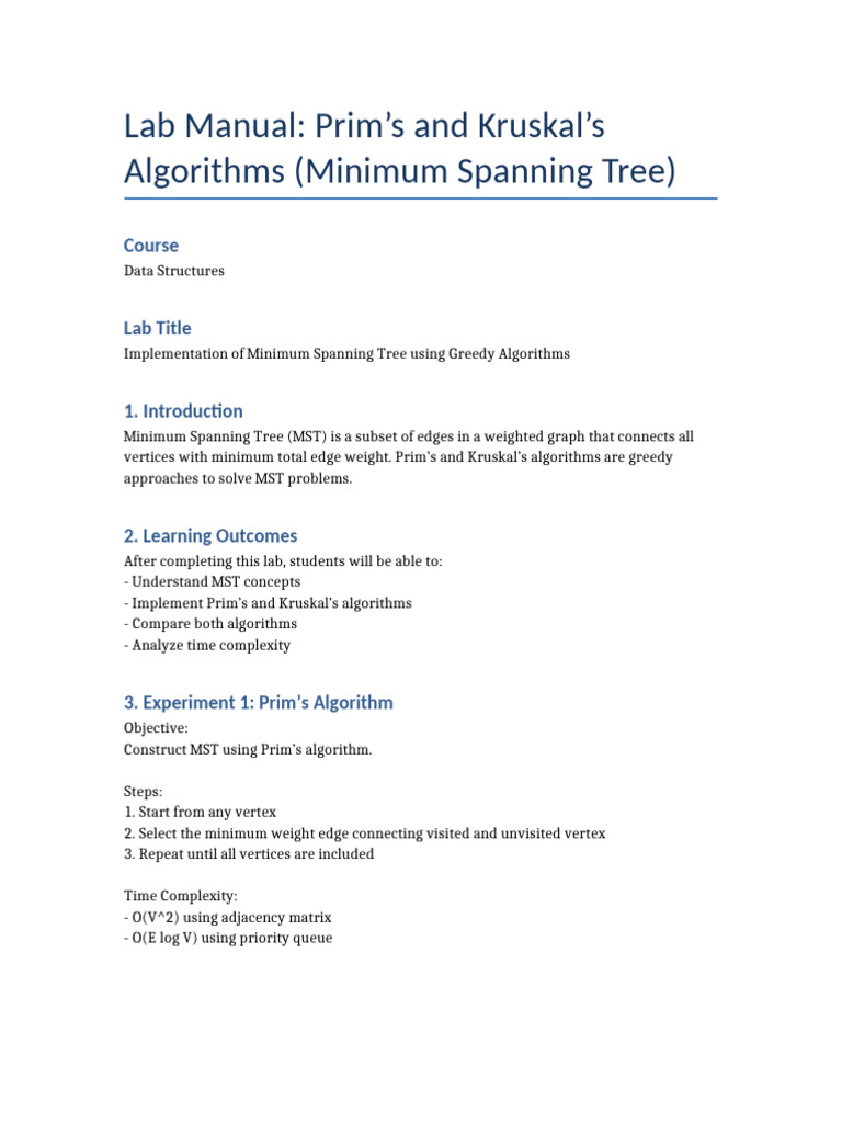 Prims Kruskals Lab Manual | PDF | Algorithms And Data Structures ...