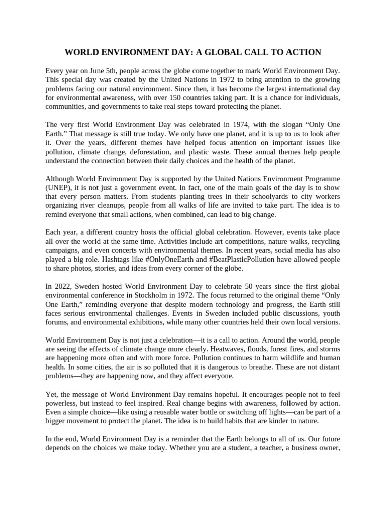 World Environment Day a Global Call to Action | PDF | Environment ...
