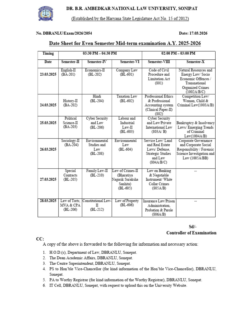 Date Sheet Mid Term March 2026 | PDF | Justice | Crime & Violence