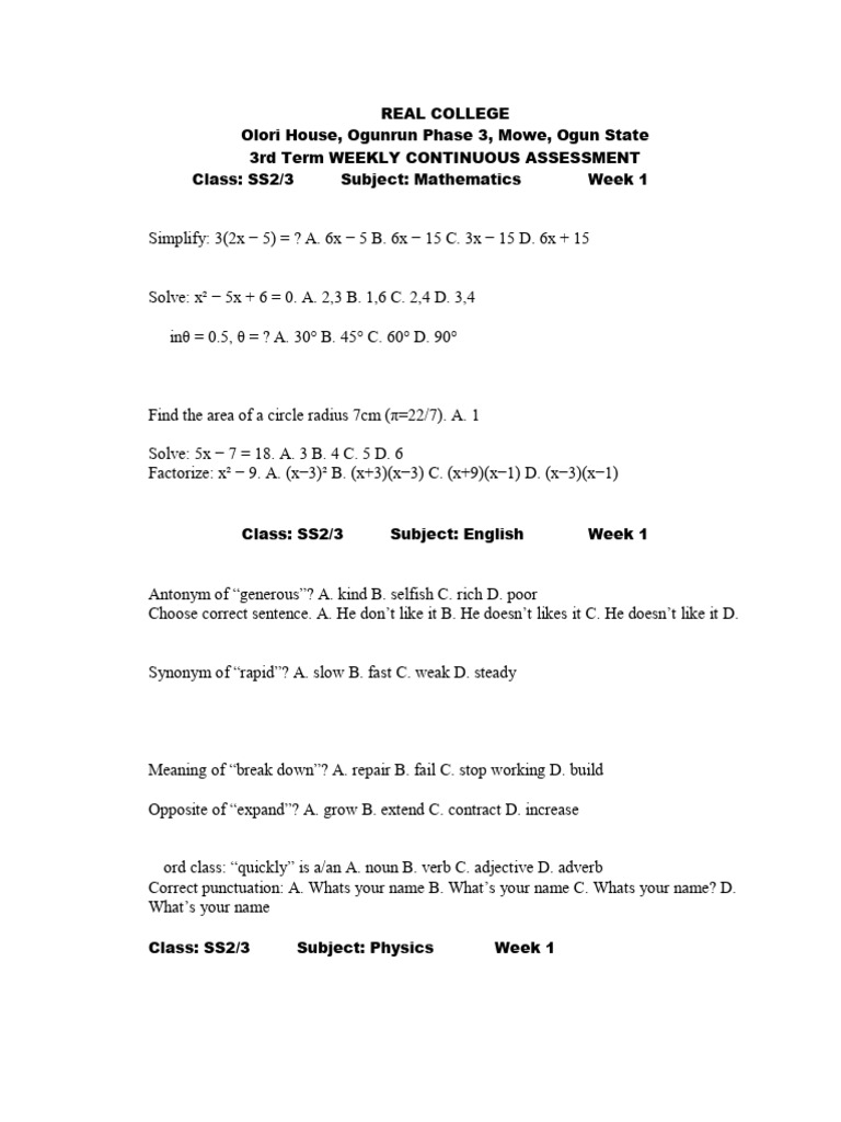 REAL COLLEGE Ss2 Third Term Science | PDF | Mole (Unit) | Verb