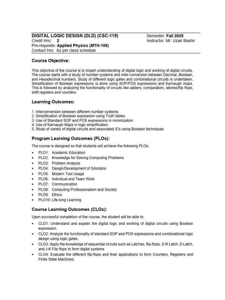 DLD Course Outline For Fall 2025 | PDF | Logic Synthesis | Digital ...