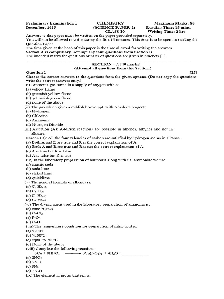 Chemistry '10 Pb1 Question Paper 2025 | PDF | Chemical Reactions | Ammonia