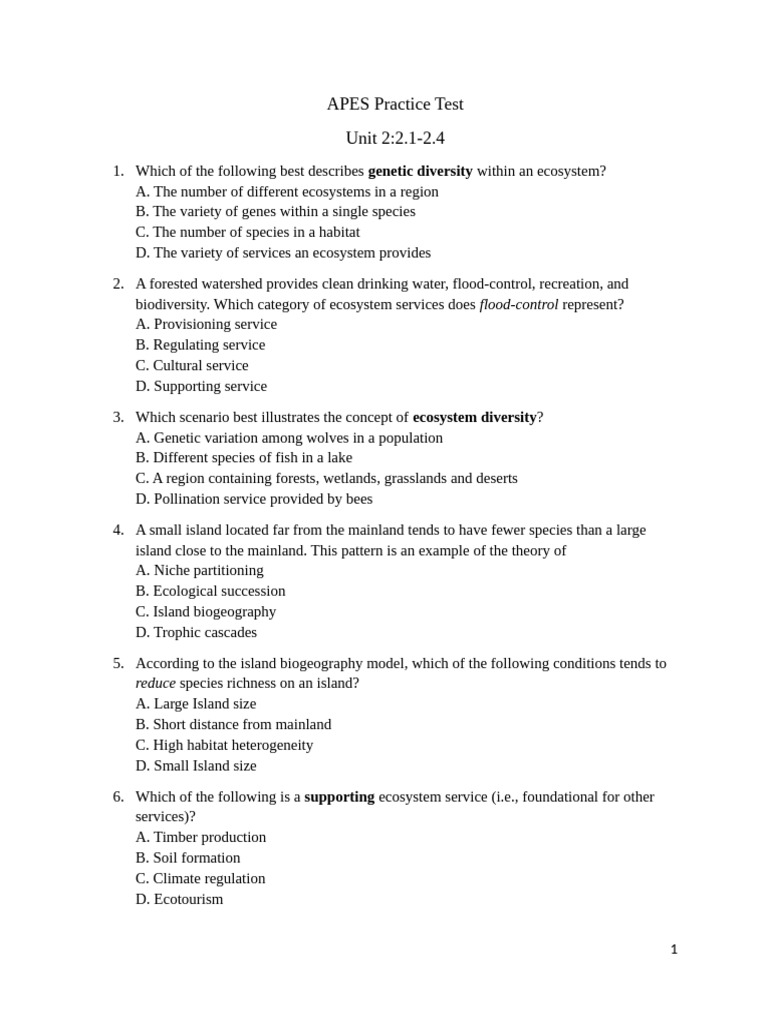 APES Practice Test Unit 2 | PDF | Ecology | Biodiversity