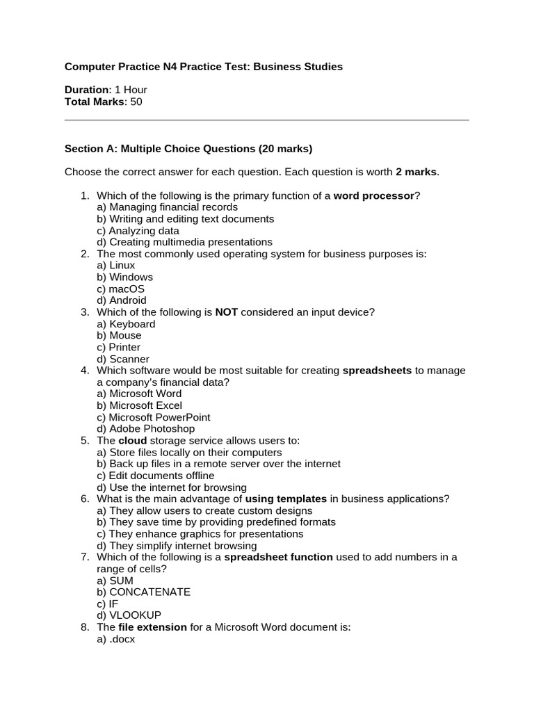 Computer Practice N4 Practice Test | PDF | Microsoft Word | Microsoft Excel