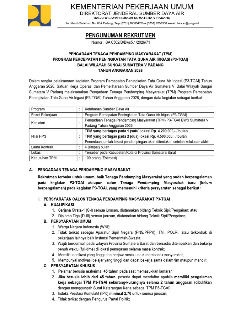 Pengumuman Rekrutmen TPM P3-TGAI TA 2026 | PDF