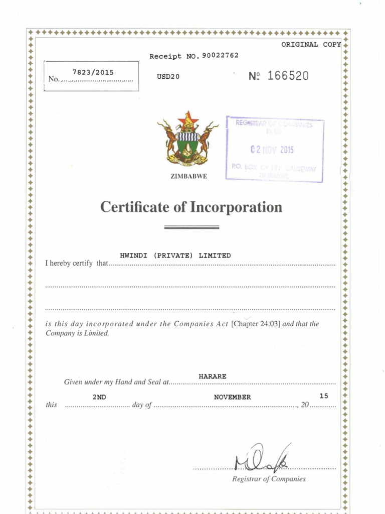 HWINDI Certificate of Incoparation | PDF