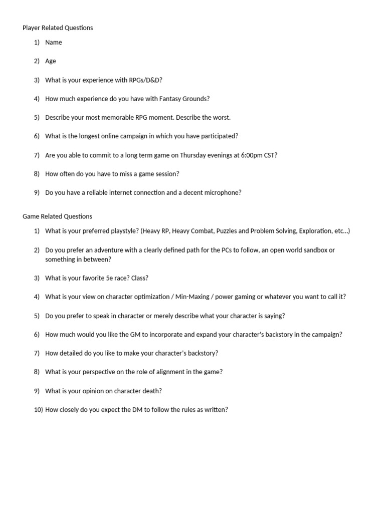 Players-New Player Questionaire | PDF