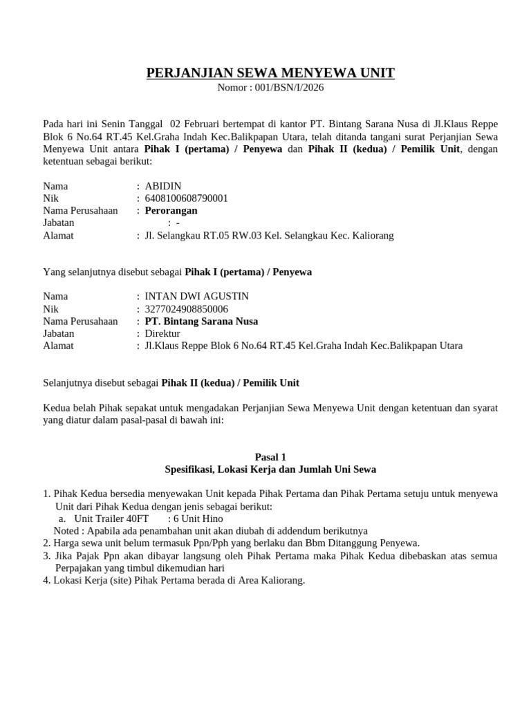 Draft Perjanjian Sewa Menyewa 6 Unit Trailer | PDF