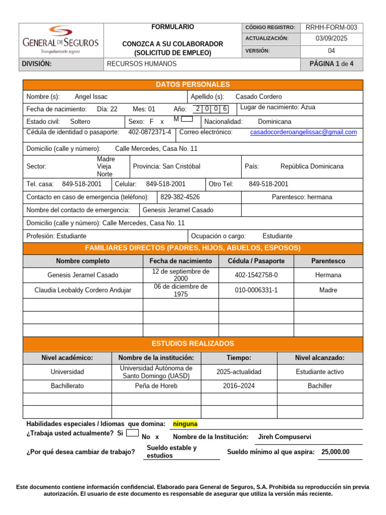 RRHH-ForM-003 Formulario Conozca a Su Colaborador | PDF | Seguro ...