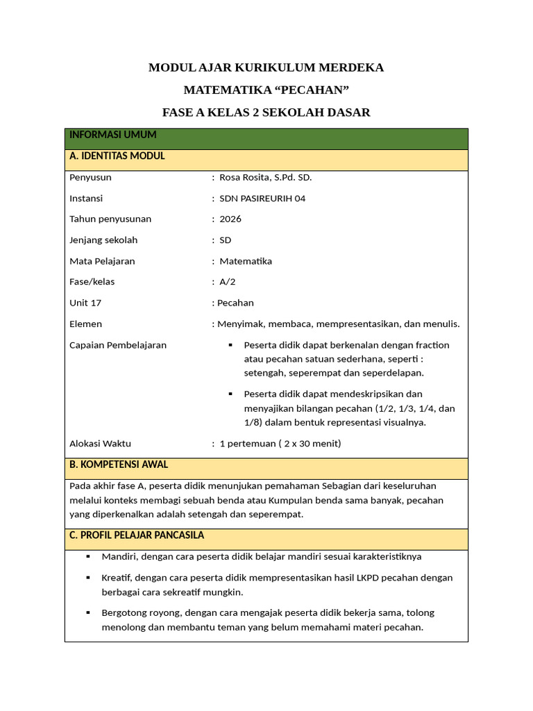 Modul Ajar Matematika Kelas 2 | PDF