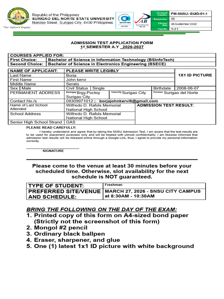 Borja John Kervi Admission Test Application Form Sy 2026 2027 | PDF