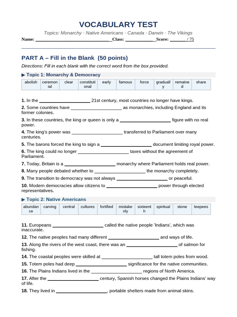 Vocabulary Test | PDF | Vikings | Charles Darwin