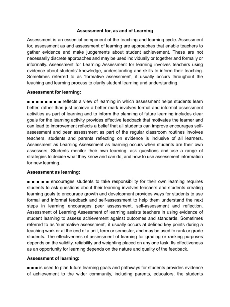 Assessment for,As, Of Learning | PDF