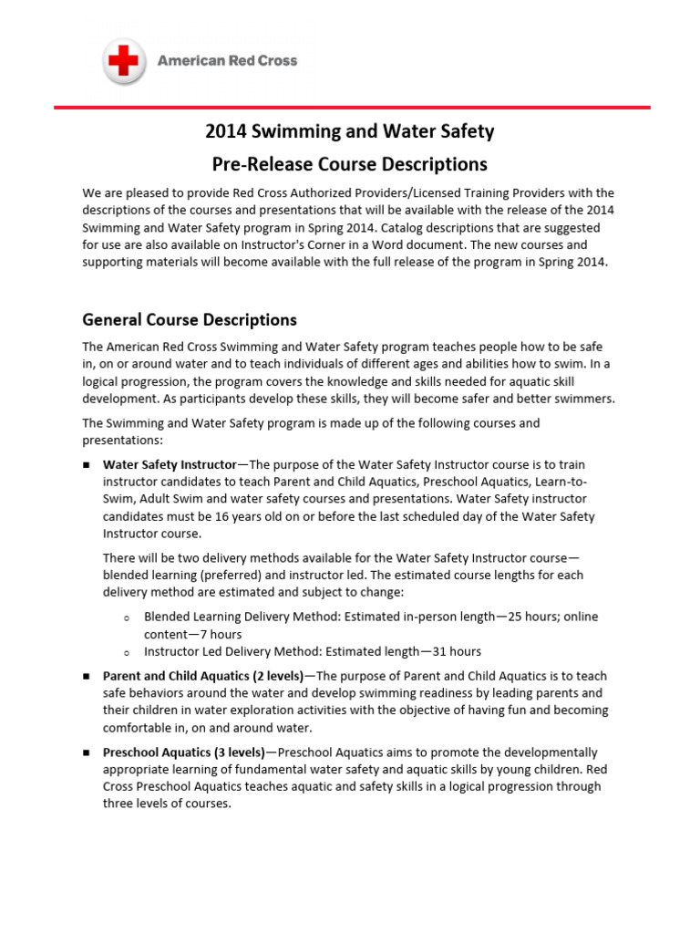 Swimming and Water Safety Program Course Descriptions | PDF