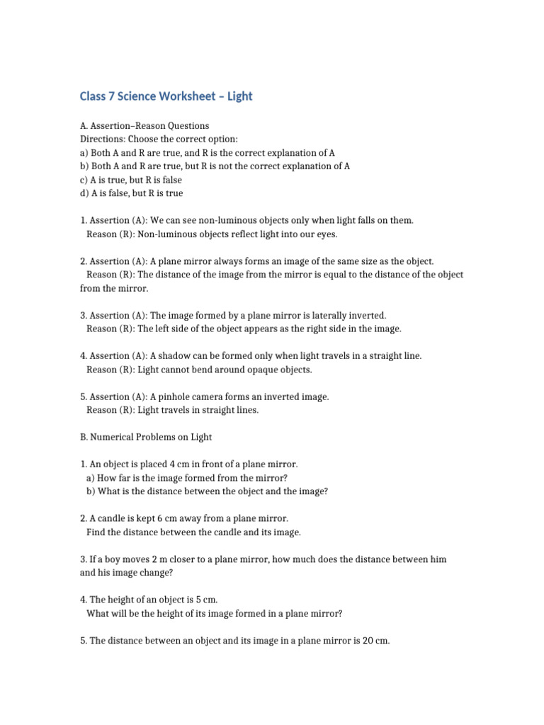 Class 7 Science Worksheet Light | PDF