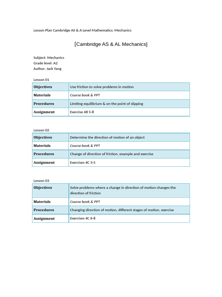 Daily Lesson Plan Mechanics A2-Jack - Week 4 | PDF
