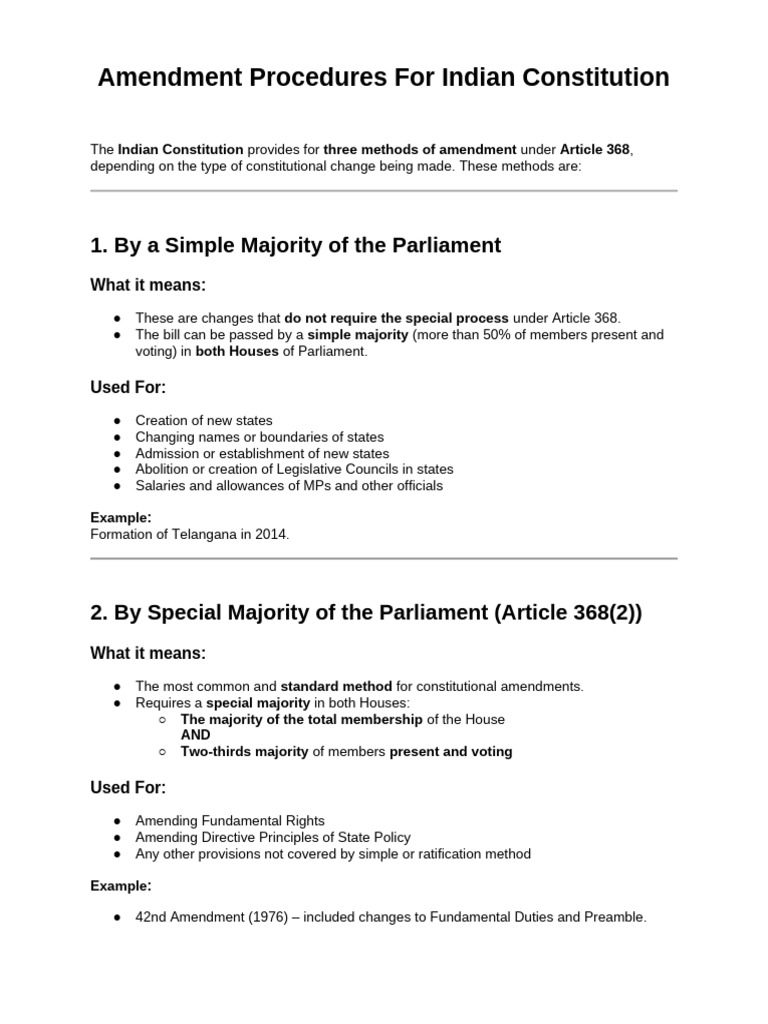Amendment Procedures For Indian Constitution | PDF | Constitutional ...