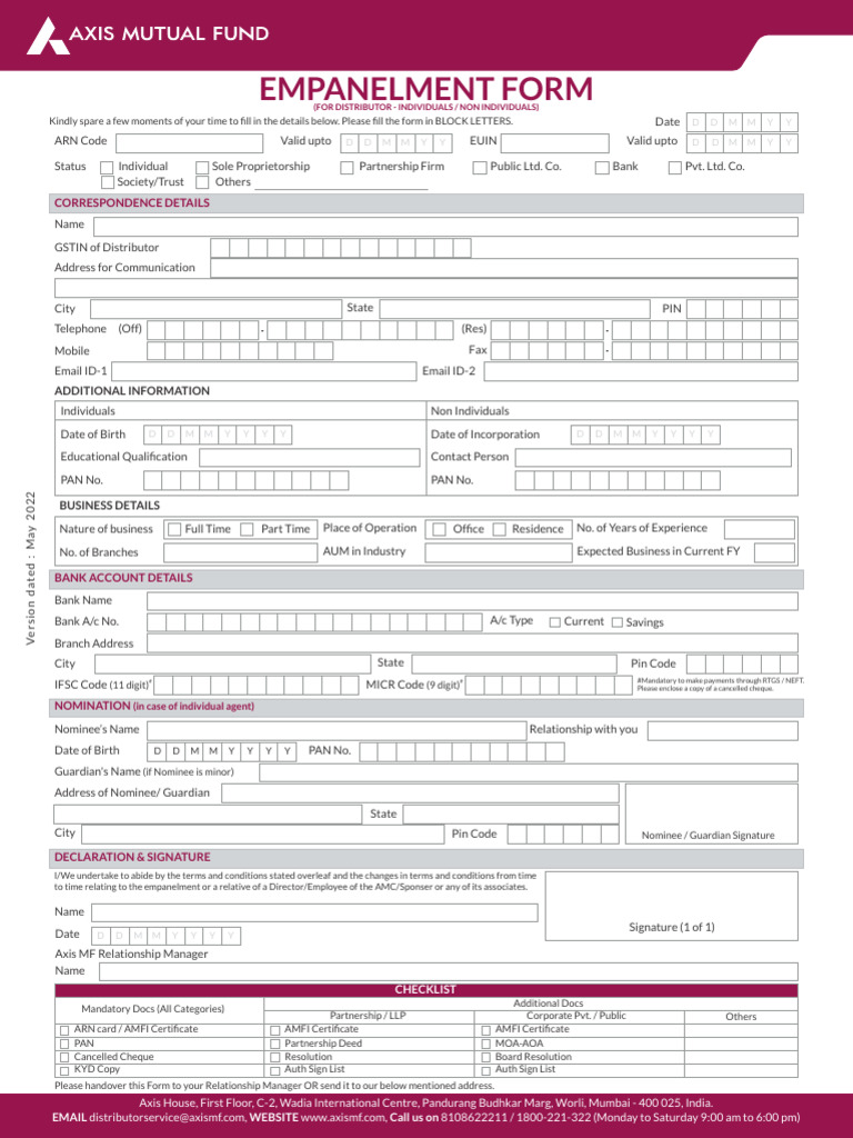 Axis Empanelment Form 01-06-2022 | PDF | Cheque | Taxes