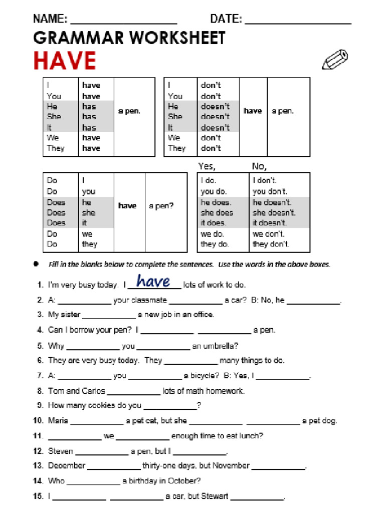 Grammar Worksheet Have | PDF