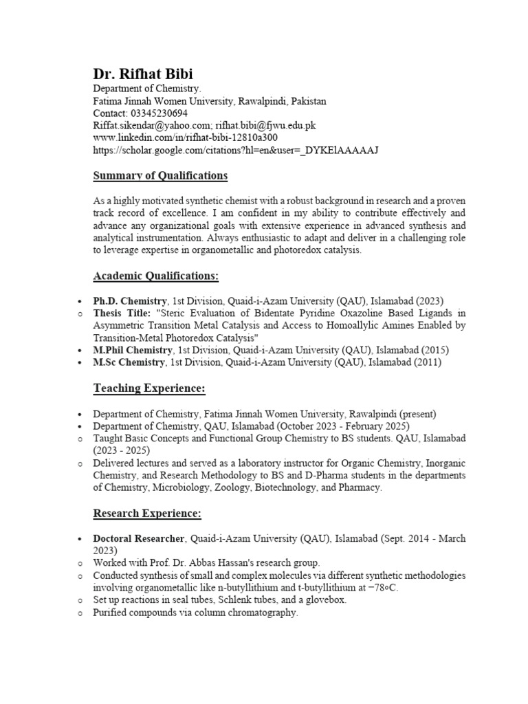 Dr Rifhat Bibi CV Updated 2025 | PDF | Organometallic Chemistry ...