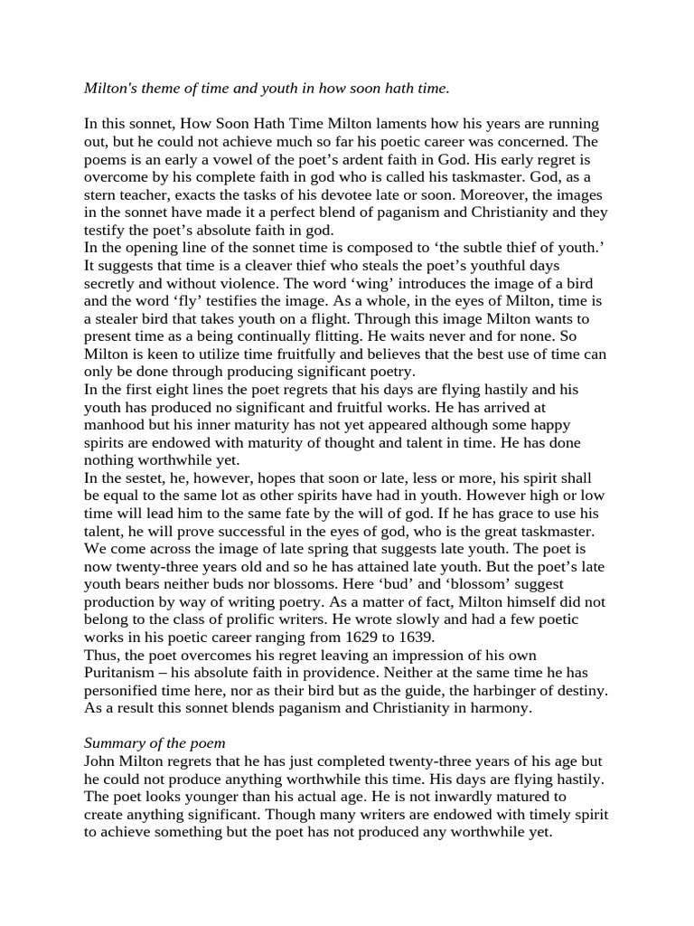 How Soon Hath Time _notes | PDF | John Milton | Grace In Christianity