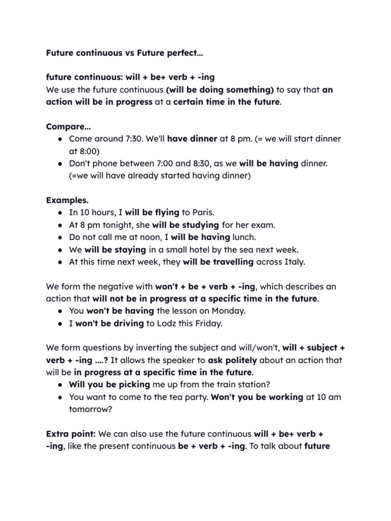 Future Continuous Vs Future Perfect | PDF | Grammar | Syntax