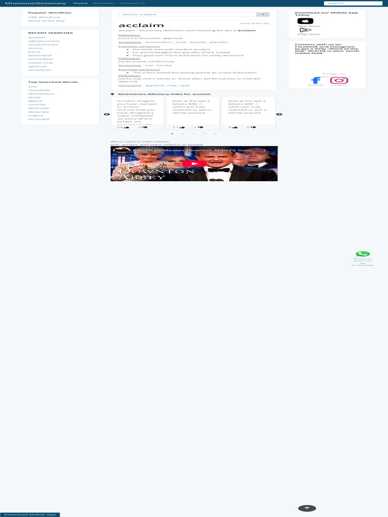 Acclaim Meaning - Definition of Acclaim by Mnemonic Dictionary | PDF ...