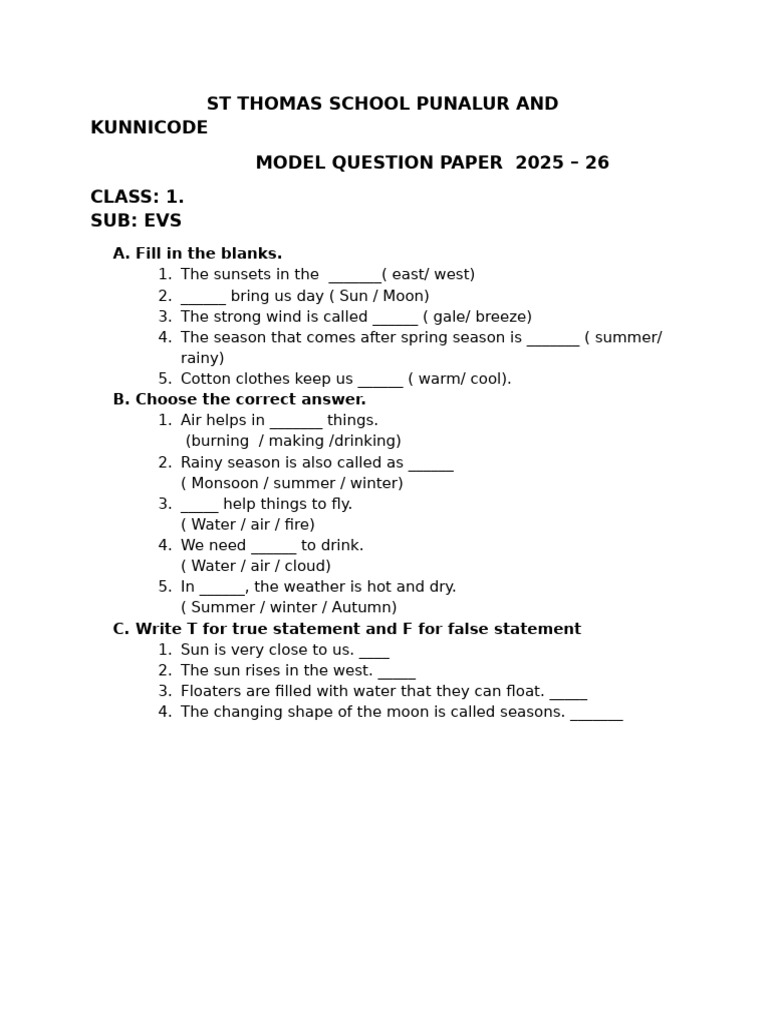 Std 1 Evs Model Paper | PDF