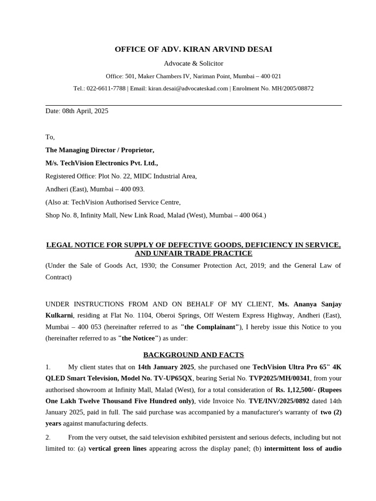 Notice_Defective_Goods | PDF | Business Law | Private Law