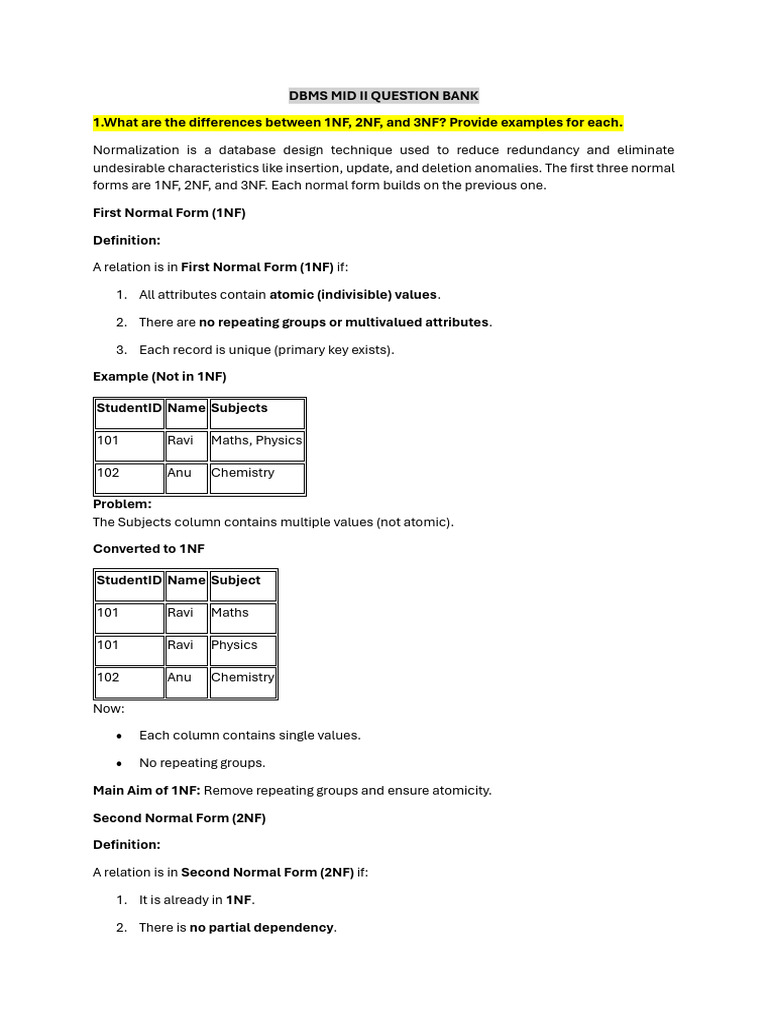 Dbms Mid II Question Bank | PDF | Database Index | Concurrency ...
