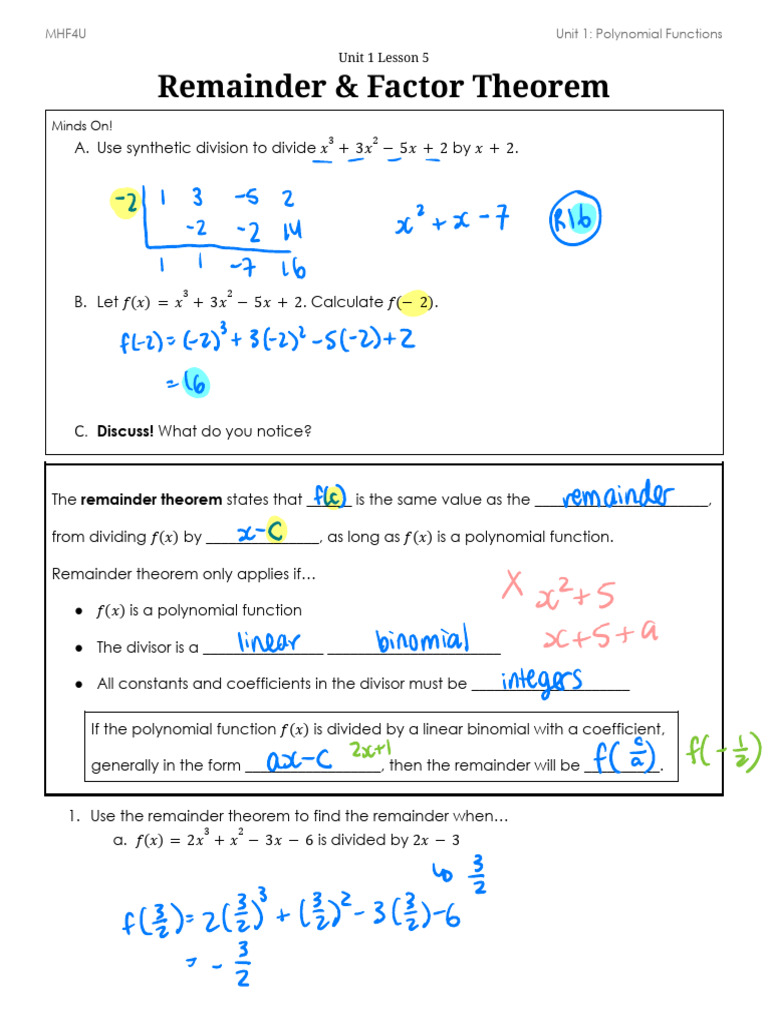 5 Remainder & Factor Theorem Note | PDF | Factorization | Polynomial