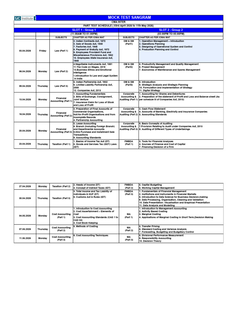CMA Inter MTS Schedule & Calendar for June26 (4) | PDF | Accounting | Taxes
