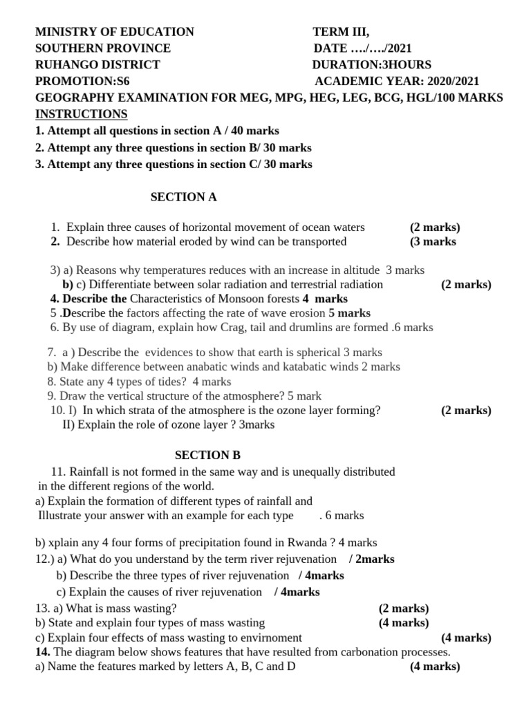 Geography Examination of the Third Term 2021 for s6 | PDF ...