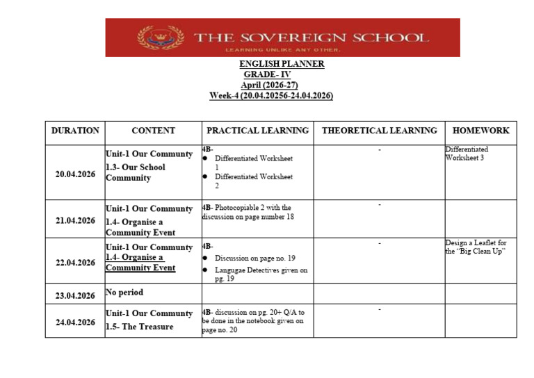 Class 4 Planner Week 4 April 2026 | PDF