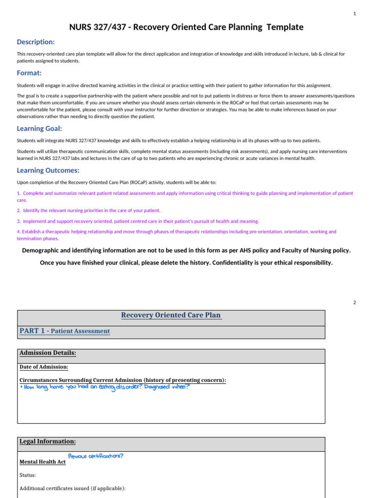 Copy of Recovery Oriented Care Plan (ROCaP) Template 2024 | PDF ...
